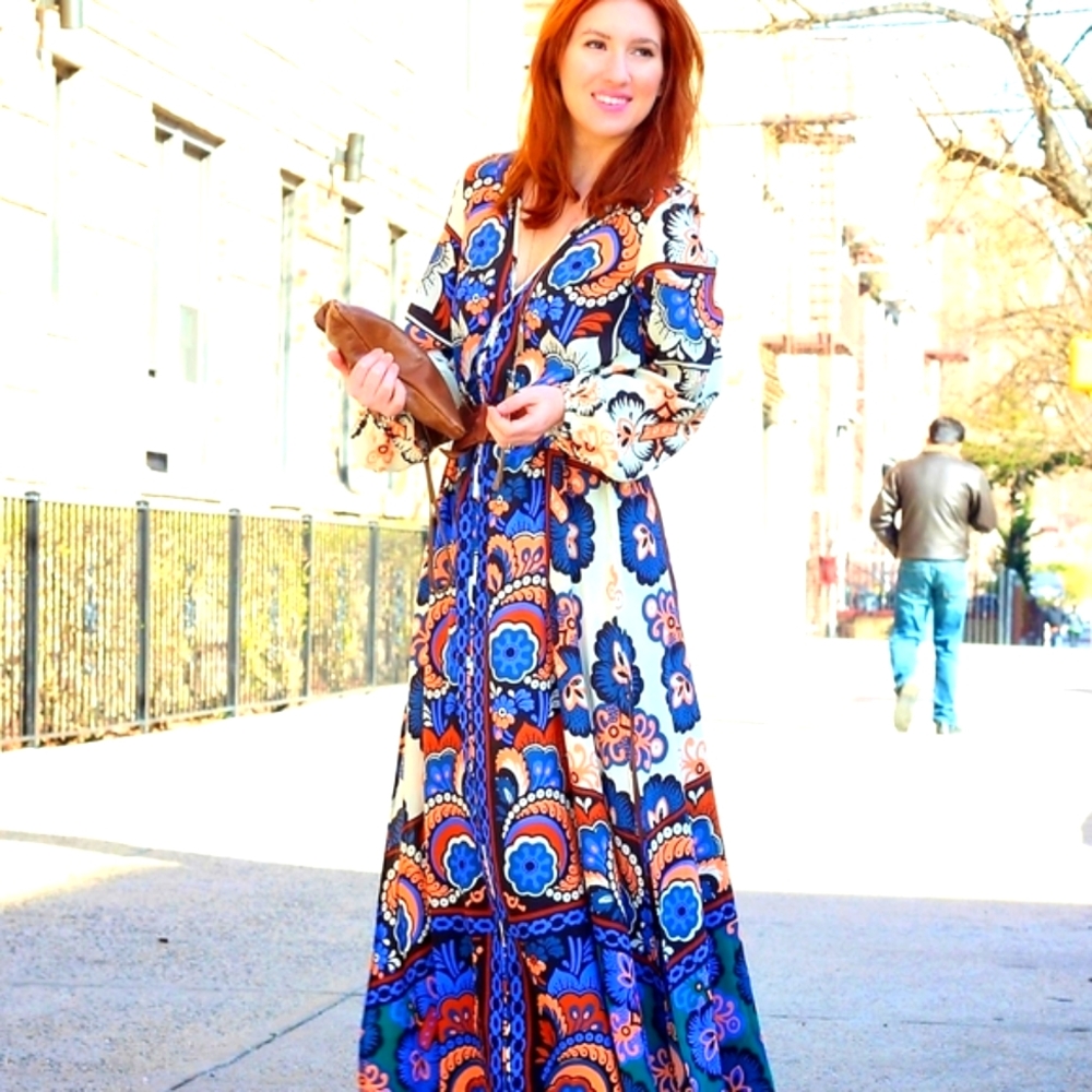Floral Maxi Dress in Blue and Orange XS